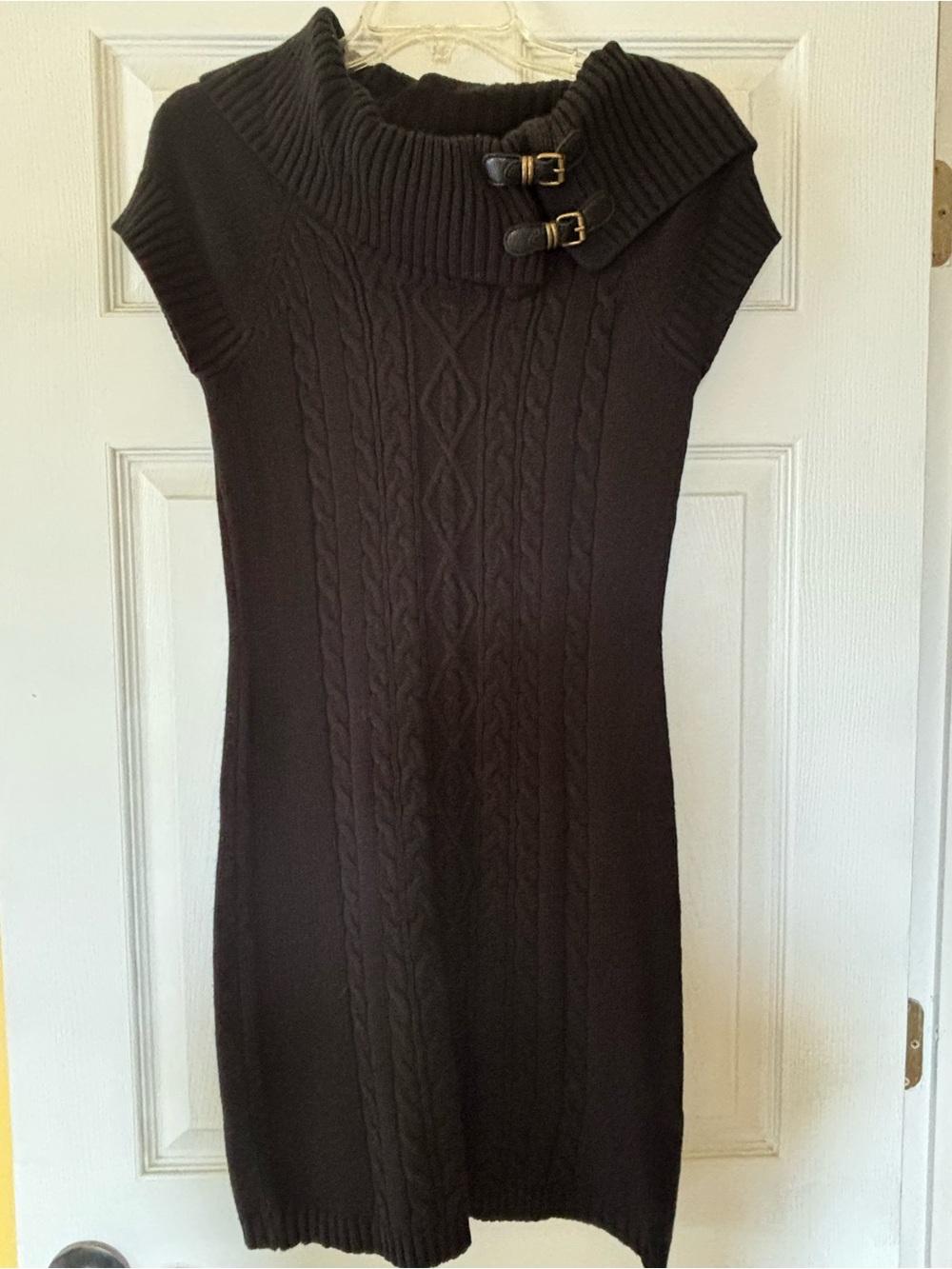 dressbarn Black Cable-Knit Midi Sweater Dress with Buckle Collar